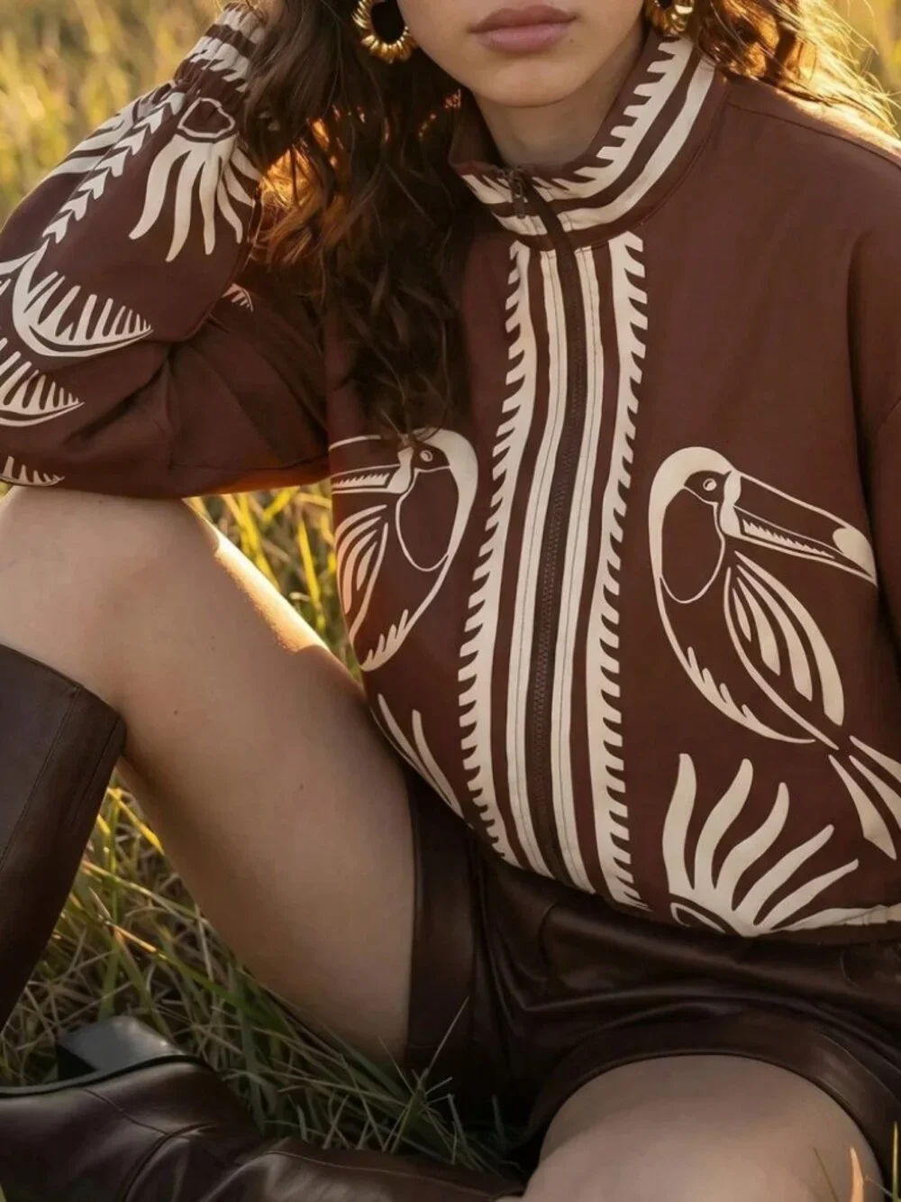Brown Toucan Print Zip-Up Cropped Lightweight Jacket with Contrast Trim